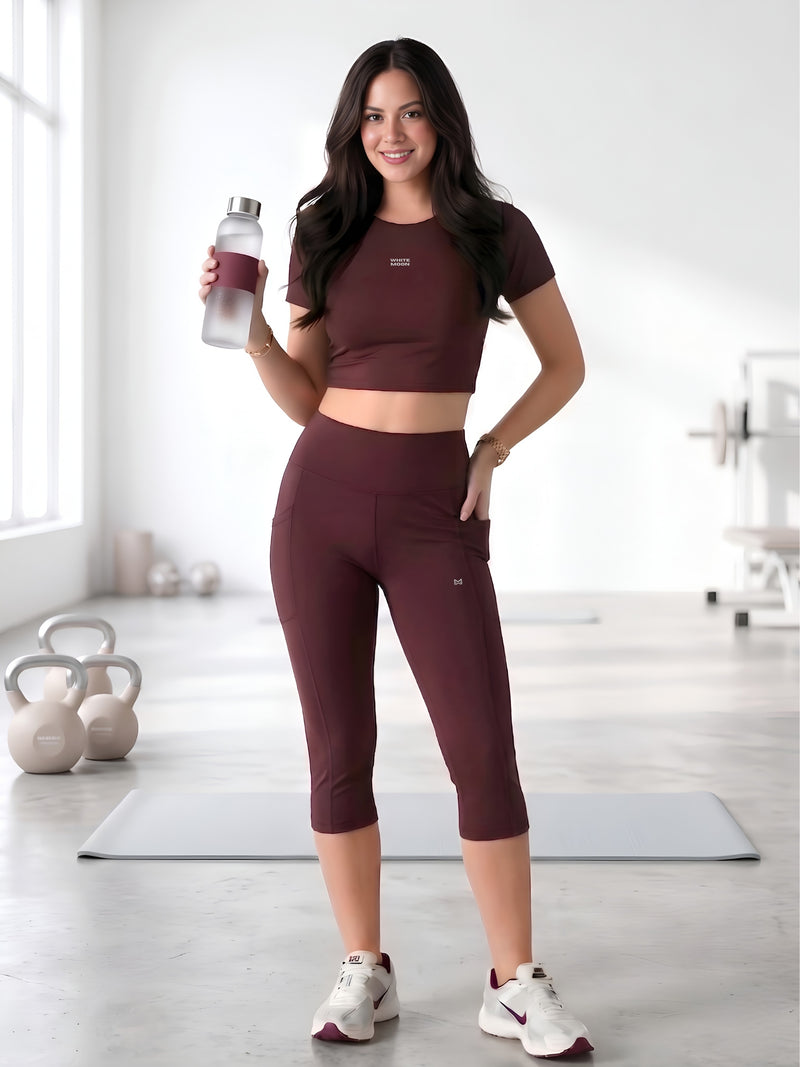 White Moon Ultra Momentum Series Mehroon Crop Top With Capri Co-Ord Set