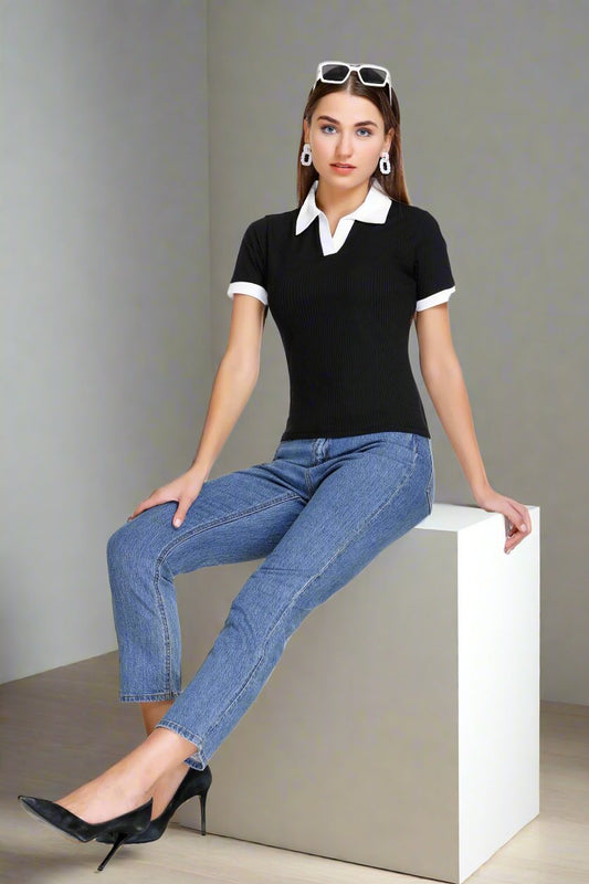 White Moon Women Collar Top (Black)