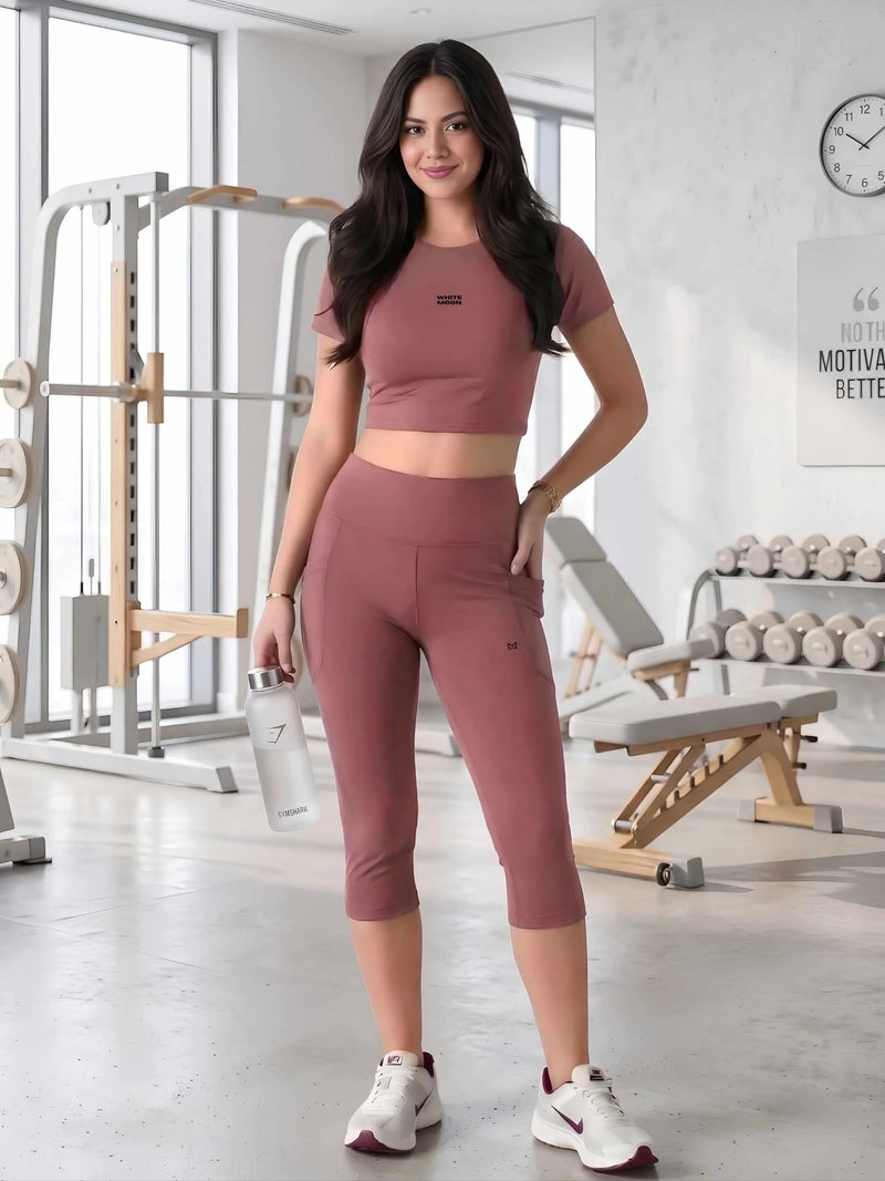 White Moon Ultra Momentum Series Pink Crop Top With Capri Co-Ord Set