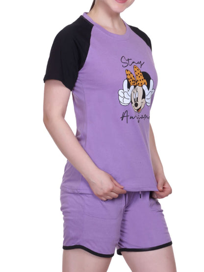 White Moon Women's Cotton Half Sleeve T-Shirt & Short Pyjama Set (Lavender)