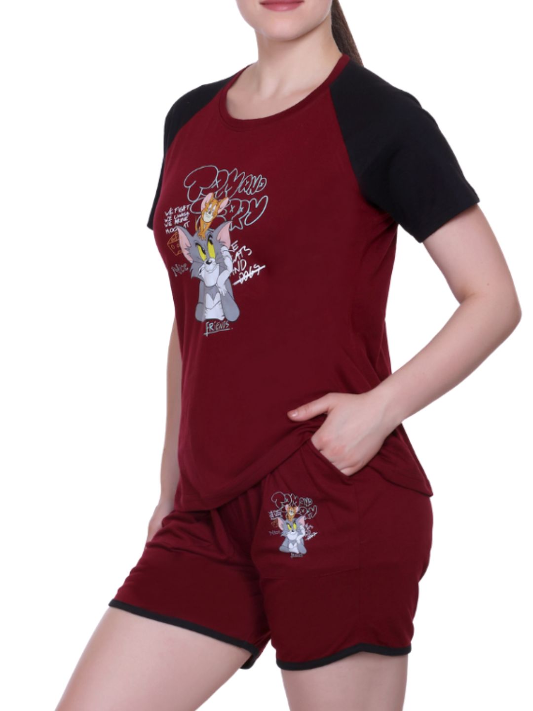 White Moon Women's Cotton Half Sleeve T-Shirt & Short Pyjama Set (Maroon)