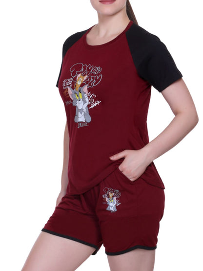 White Moon Women's Cotton Half Sleeve T-Shirt & Short Pyjama Set (Maroon)