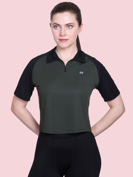 White Moon Women Crop Gym T Shrit/ Top (Olive)