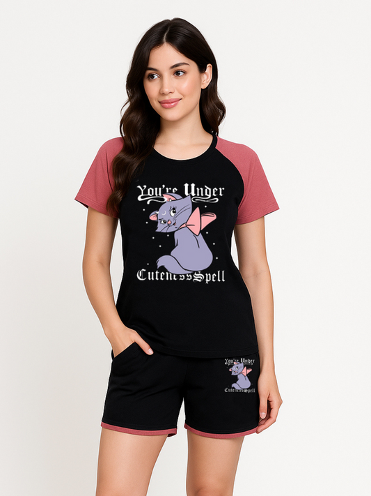 White Moon Women's Cotton Half Sleeve T-Shirt & Short Pyjama Set (Black)