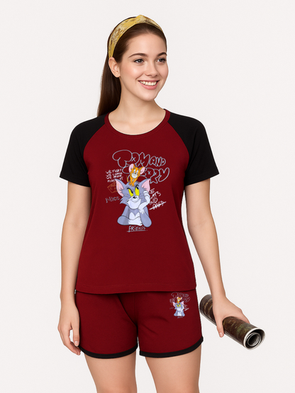 White Moon Women's Cotton Half Sleeve T-Shirt & Short Pyjama Set (Maroon)