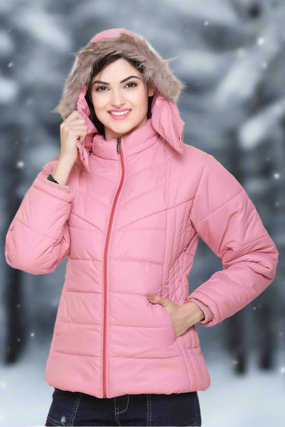 White Moon Nylon Winter Zipper Hood Ladies Jacket (Pink)